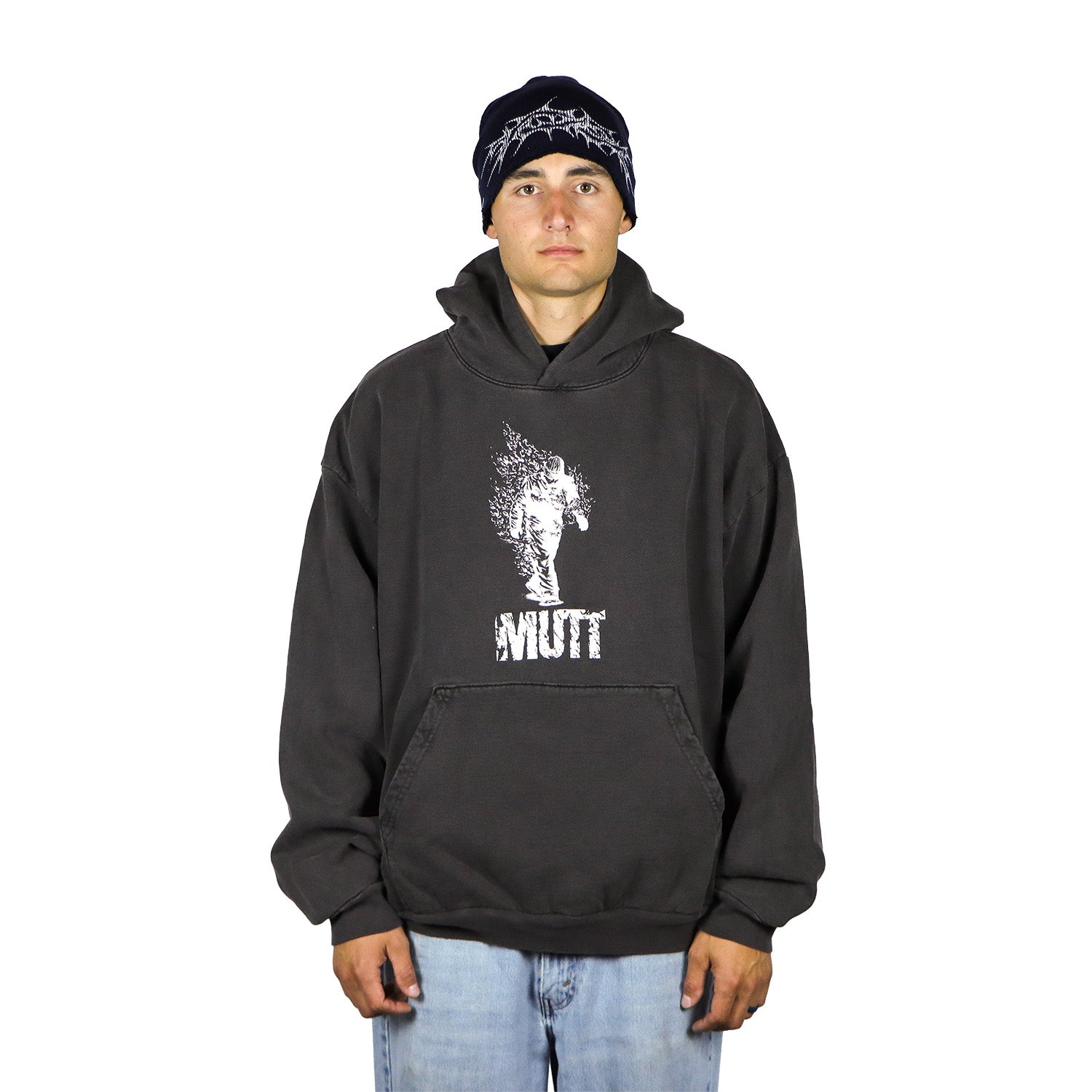 Suffering Hoodie vintage black front view on snowboarder - 14 oz 100% cotton heavyweight